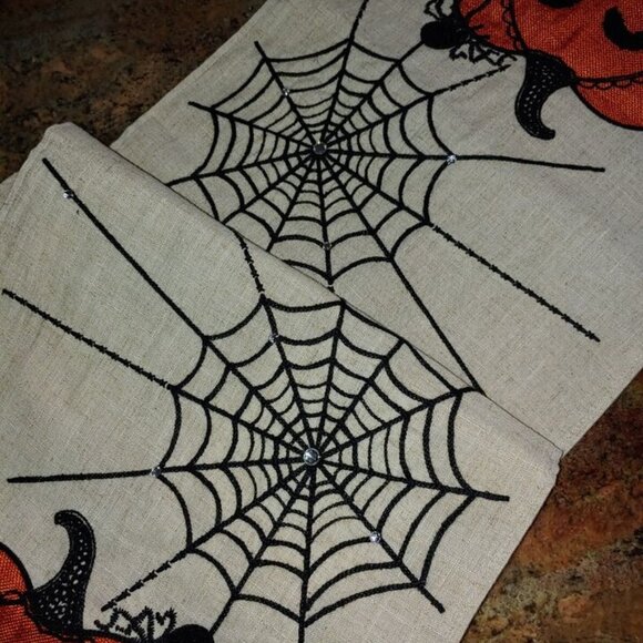 Hallow's Eve Linen Blend Halloween Spider Pumpkin Jewelled Table Runner 72x14" - Picture 11 of 11